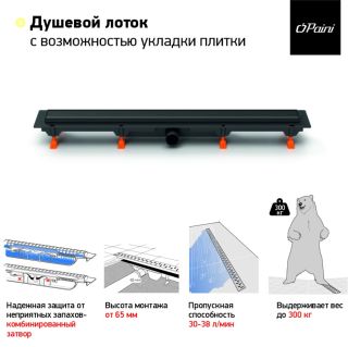 Душевой лоток Paini Klasik CH850KC2 монтаж к стене 85см чёрный матовый