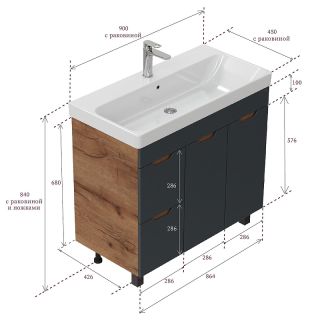 Тумба под раковину напольная Onika Айленд 109032 с корзиной 90 см графит/дуб крафт золотой