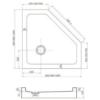 Душевой поддон пятиугольный (трапеция) Veconi Tezeo Acrylic TZ-53, 900x900x150, акрил, белый