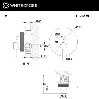 Смеситель скрытого монтажа на 2 потребителя WHITECROSS Y Y1235GM оружейная сталь