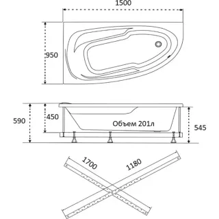 Акриловая ванна 1ACReal Мадрид Щ0000046658 правая 150x95 см на Х-каркасе белый