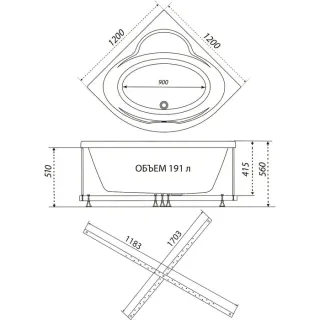 Акриловая ванна 1ACReal Мартин Щ0000045647 обрезанная 120 см белый