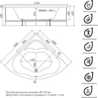 Акриловая ванна 1ACReal Moscow Щ0000045093 150 см с каркасом белый
