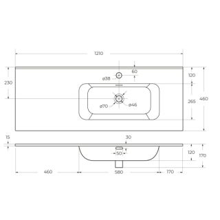 Раковина керамическая чаша справа CEZARES 120 см, CZR-8095-120-R белый
