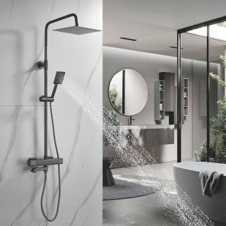 Душевая стойка с термостатом Shevanik S3096T оружейная сталь