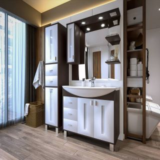 Зеркальный шкаф с подсветкой Бриклаер Бали 4627125411854 левый 90 см венге/белый