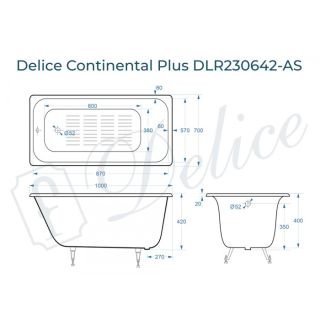 Ванна чугунная Delice Continental PLUS DLR230642-AS 100х70 с антискользящим покрытием