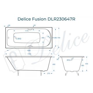 Ванна чугунная Delice Fusion DLR230647R 170х70 с отверстиями под ручки