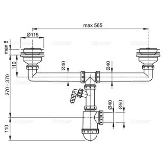 Сифон для двойной мойки AlcaPlast с нержавеющими решетками ?115 и подводкой A453P