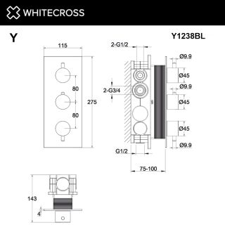 Смеситель термостат скрытого монтажа на 3 потребителя WHITECROSS Y Y1238GM оружейная сталь